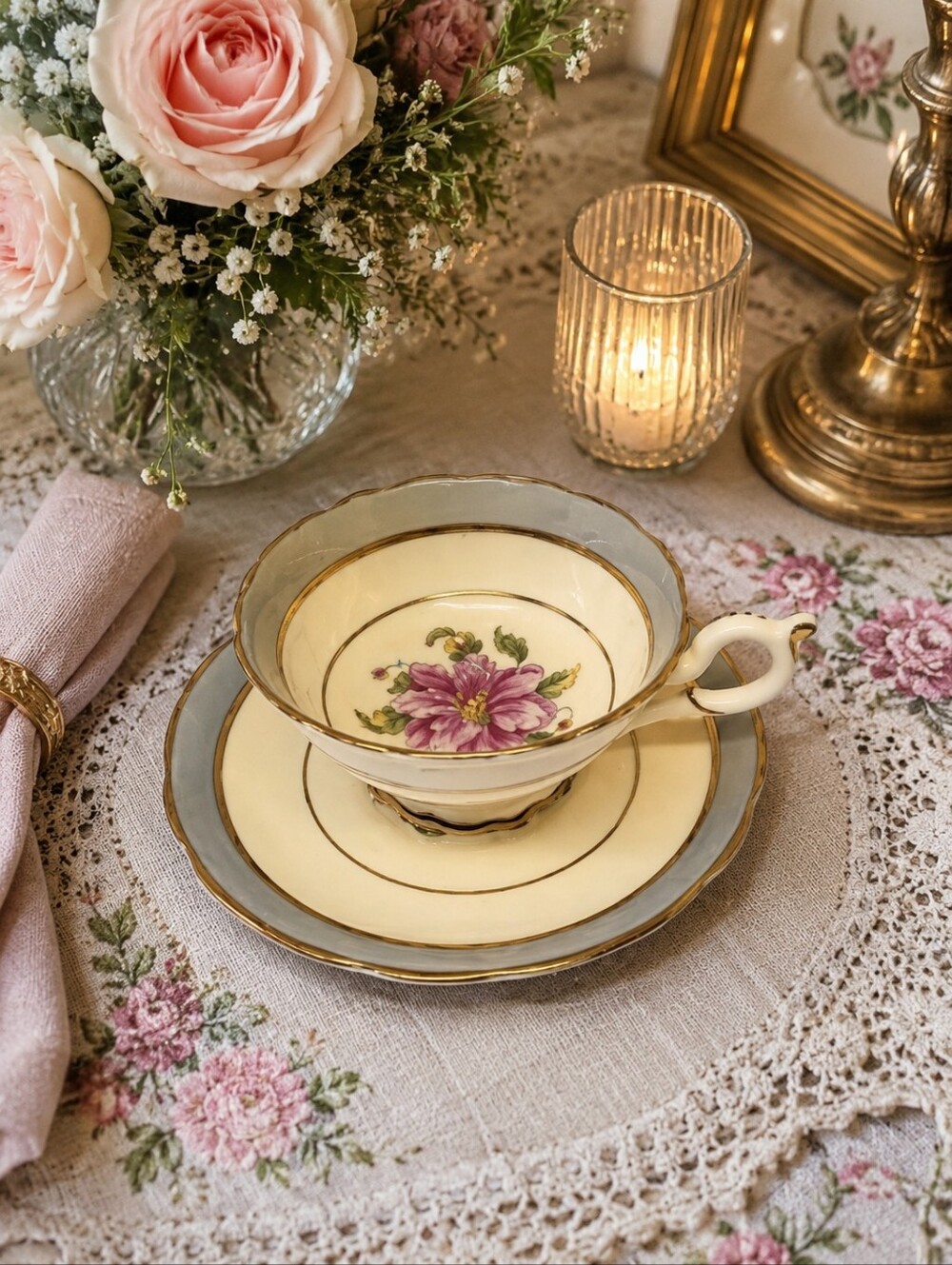 Vintage Coalport English Bone China Tea Cup Saucer Pink Floral Gray Tomorrow